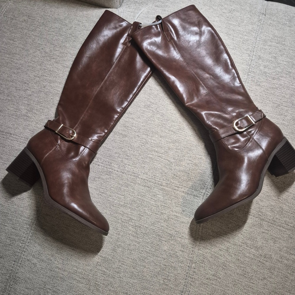 LifeStride Womens Brown Knee High Riding Boots Block Heel Buckle Detail Size 11W